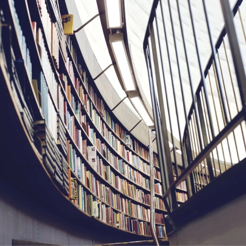 Books on the shelves of a library